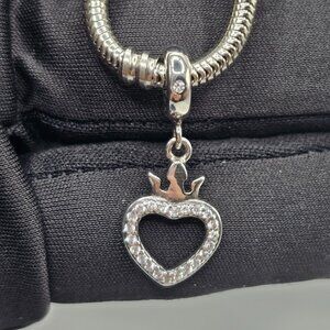 SILVER 925 CROWNED CZ HEART DANGLE CHARM